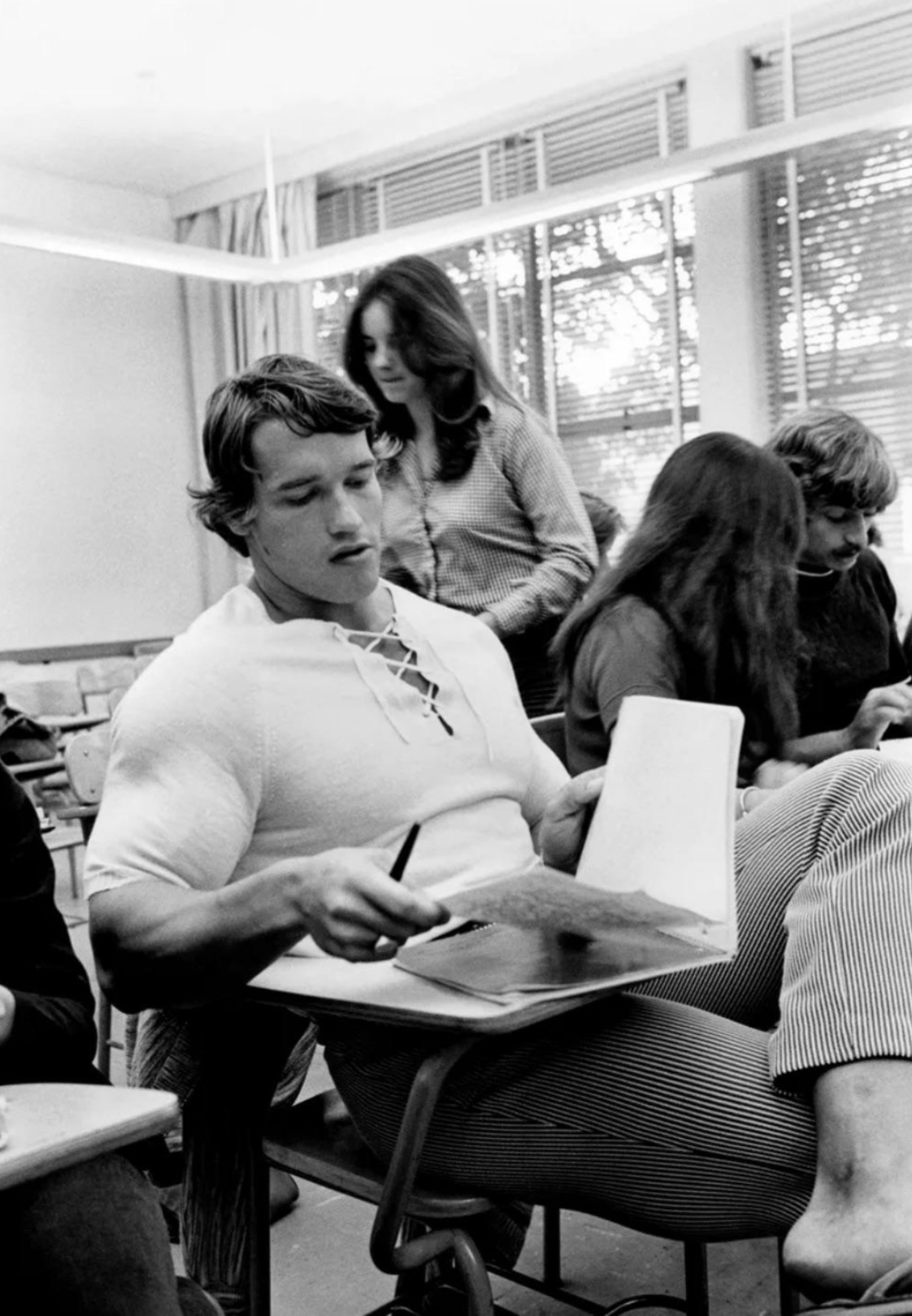 Arnold Schwarzenegger at night school in California, 1973. 